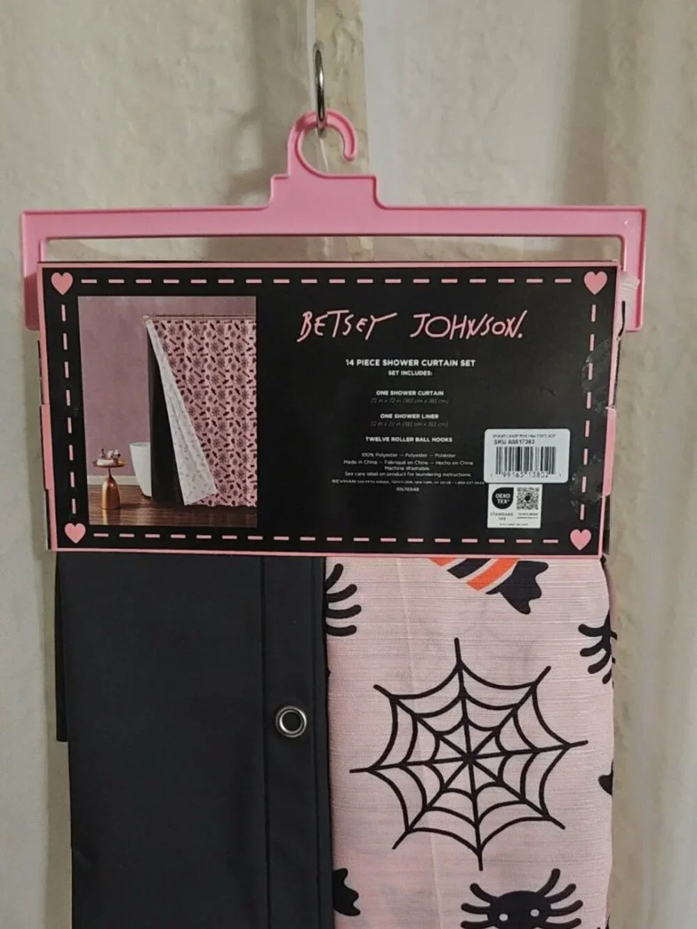 NWT Betsey Johnson 14-Pc Halloween Shower Curtain Set Spooky Cute Pink Black